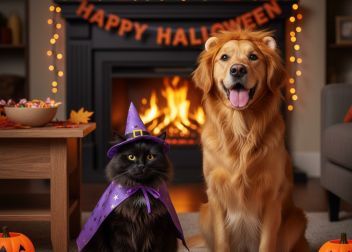 A golden retriever dog and a black cat sitting next to a glowing jack-o-lantern and a bowl of Halloween candy, representing the importance of Halloween pet safety