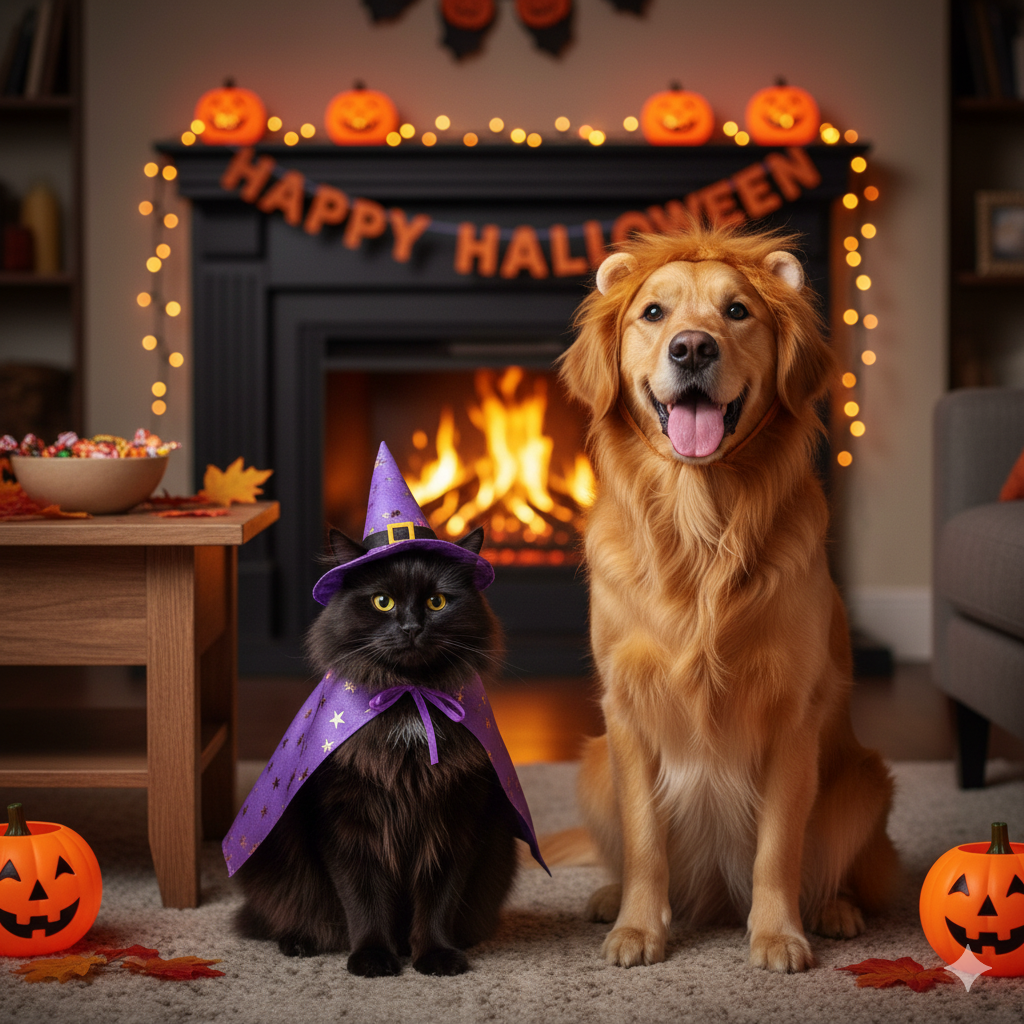 A golden retriever dog and a black cat sitting next to a glowing jack-o-lantern and a bowl of Halloween candy, representing the importance of Halloween pet safety