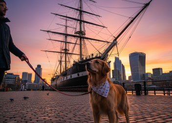 Golden Retriever on a lead standing on the Greenwich waterfront near the Cutty Sark ship at sunrise, with the Canary Wharf skyscrapers visible in the background.