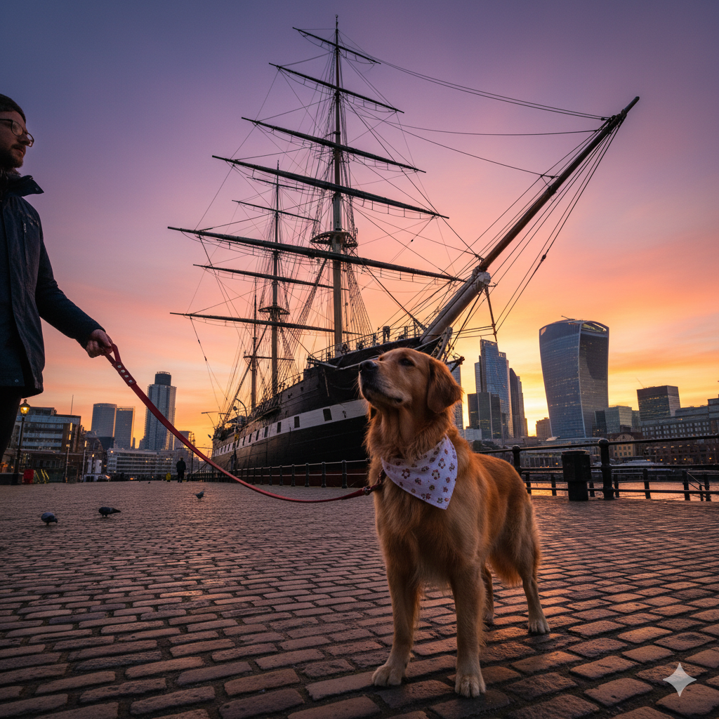 Golden Retriever on a lead standing on the Greenwich waterfront near the Cutty Sark ship at sunrise, with the Canary Wharf skyscrapers visible in the background.